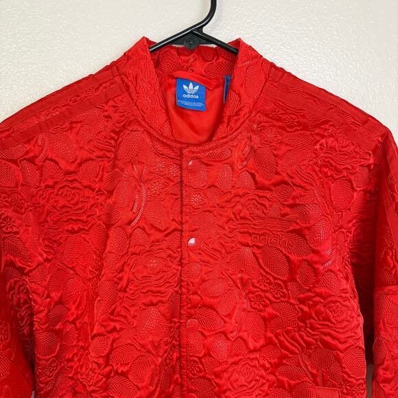 Adidas Tracktop Jacket Womens XS Red Floral Jacquard Trefoil Snap Up AY6733 NWOT - Picture 3 of 11